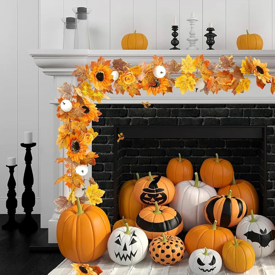 HASTHIP® Autumn Maples Leaf Pumpkin Garland with Berries, 2M/6.5FT Artificial Autumn Foliage Hanging Vine for Home, Thanksgiving, Halloween, Wedding, Fireplace, Party, Christmas Decor